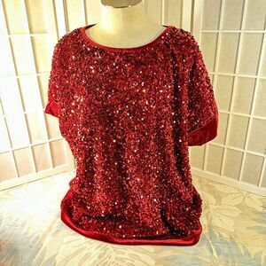 Umgee Maroon Sequins Velvet Short Sleeves Women’s Size XL NWOT